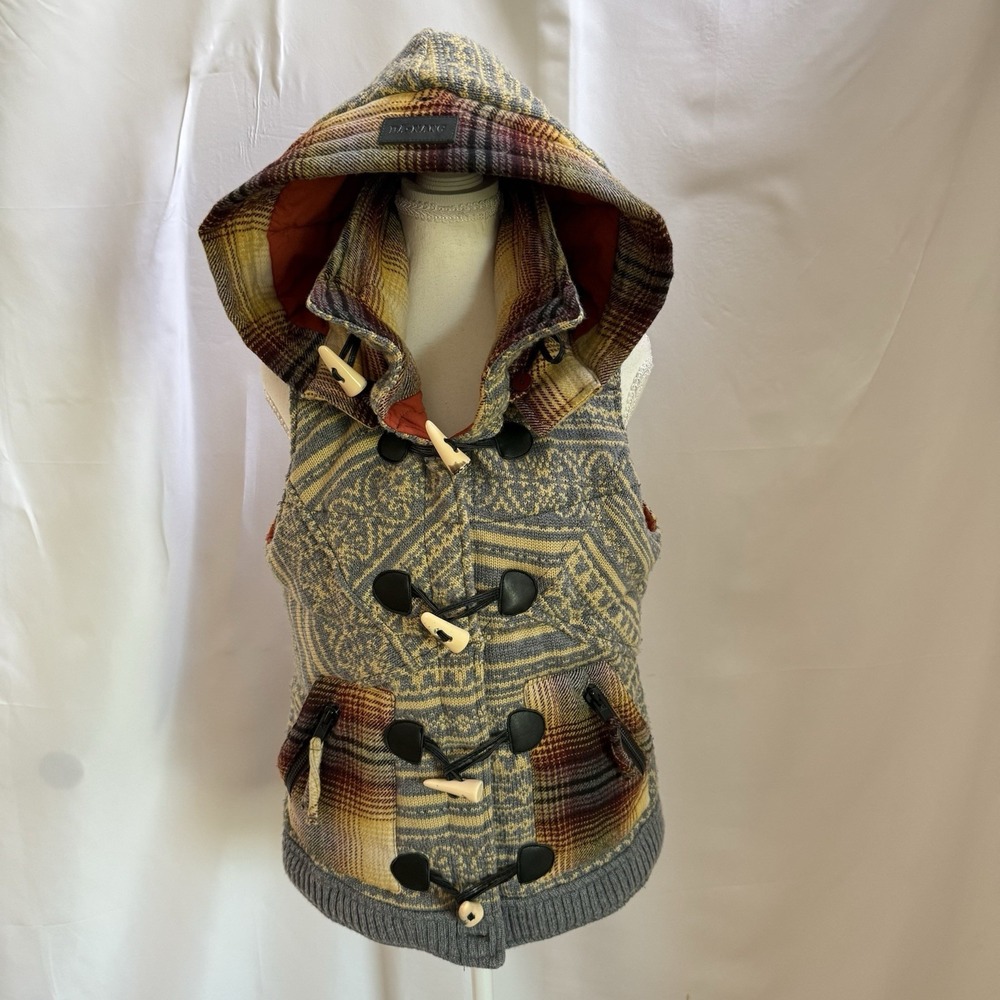 Da-Nang Y2K Blue Fair Isle Chunky Knit Wool Vest With Detachable Hood sz M